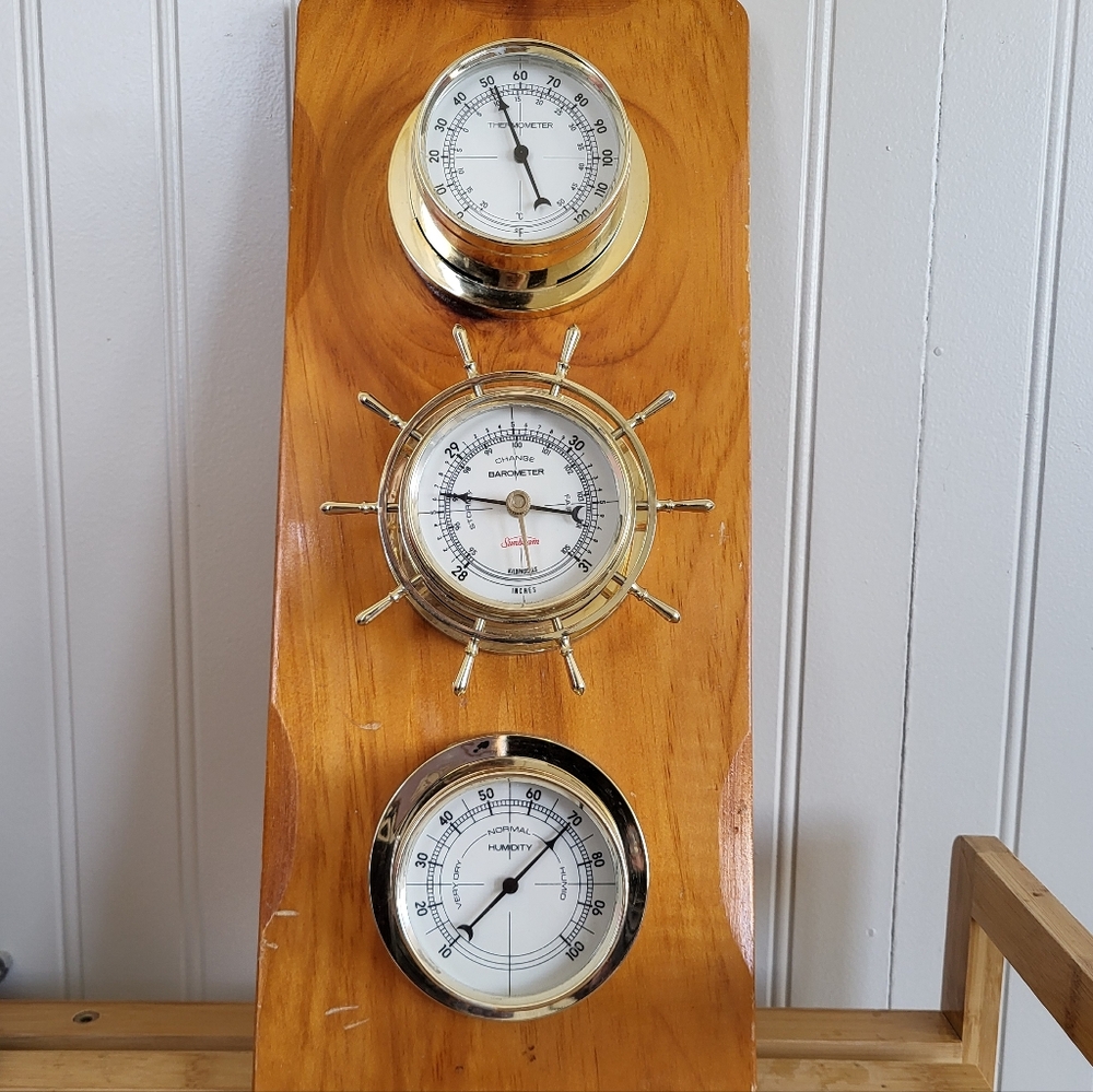 Vintage Sunbeam Nautical Wooden Weather, Temp & Barometer Wall Display 16x4x7"